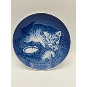 VTG  Copenhagen‎ Porcelain B&S Mothers Day Plate 1971 Cobalt Blue Cat & Kitten